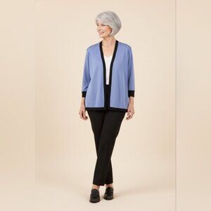 Misook SZ L Classy Periwinkle 3/4 Sleeve Open Front Black Trim Dressy Cardigan
